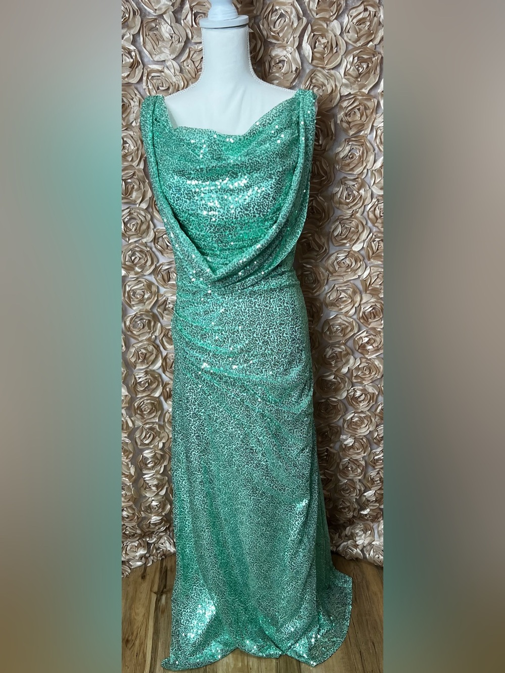 Sequin Cowl Neck Green Evening Dress